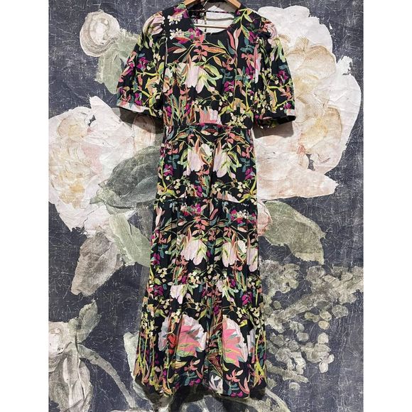 New Anthropologie x Condition Apply Floral Tiered  Maxi Dress Puff Sleeves Sz L - Picture 4 of 8
